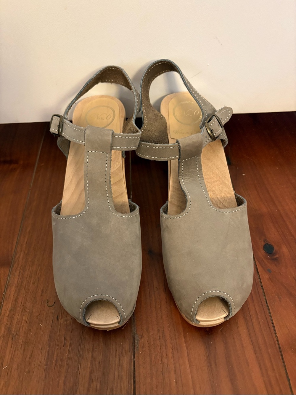 No. 6 Taupe Open-Toe T-Strap Clog Sandals